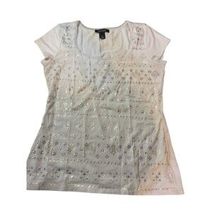 White House Black Market Size Small Studded cream T Shirt With Gold Print